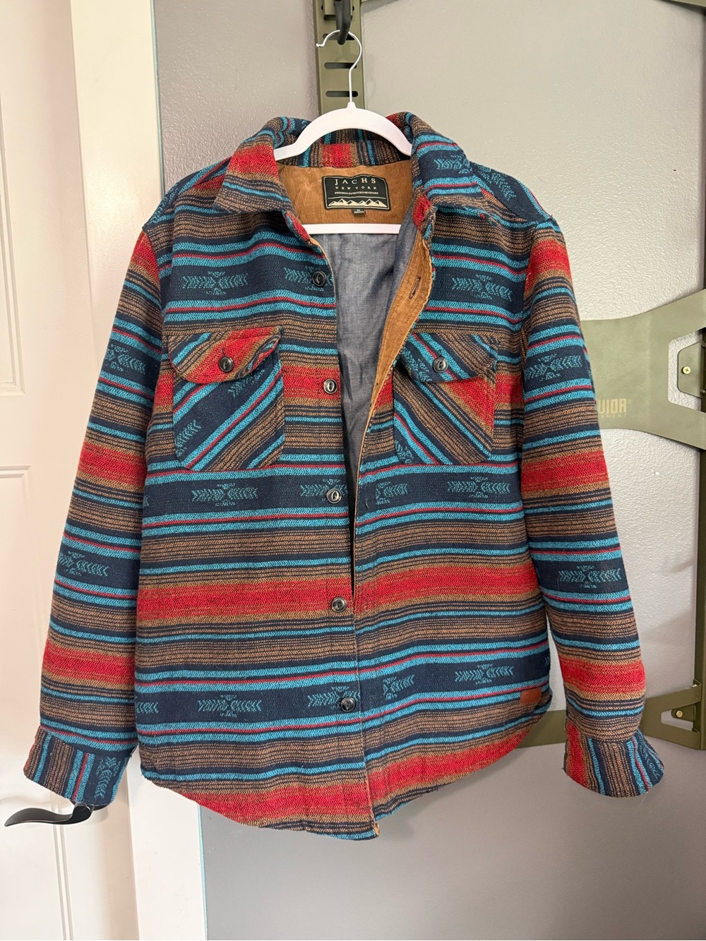 Jachs Striped Aztec Shacket Jacket - Red, Blue & Brown